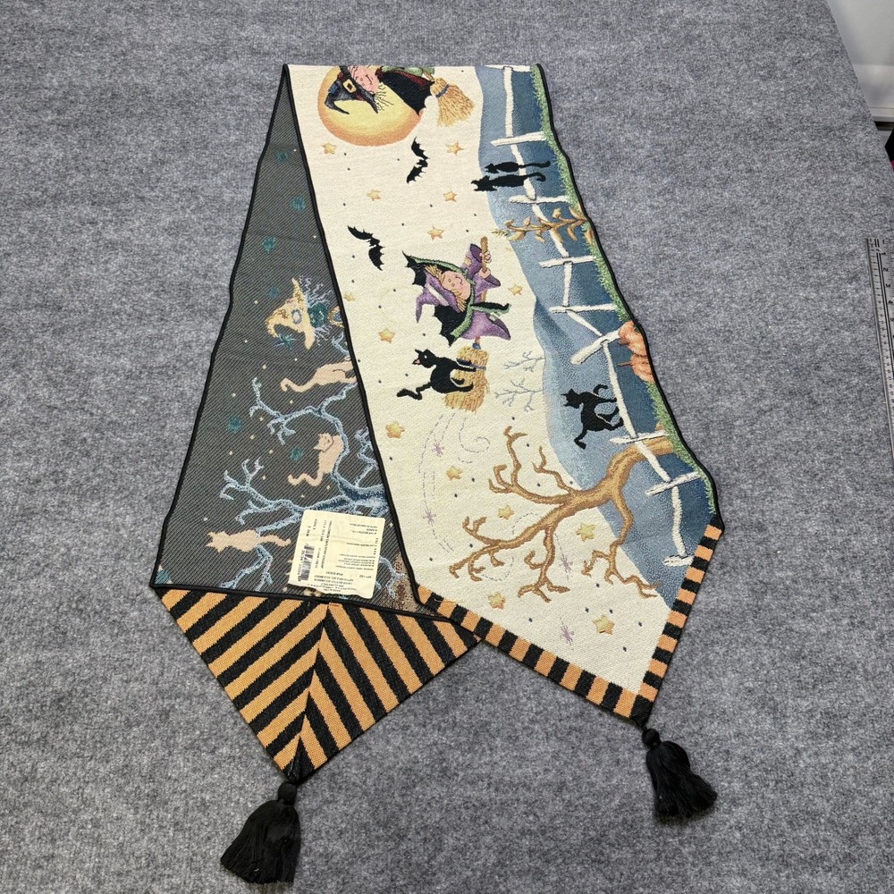 Vintage Halloween Tapestry Table Runner 13x72 Witches Black Cats Tassels NWT